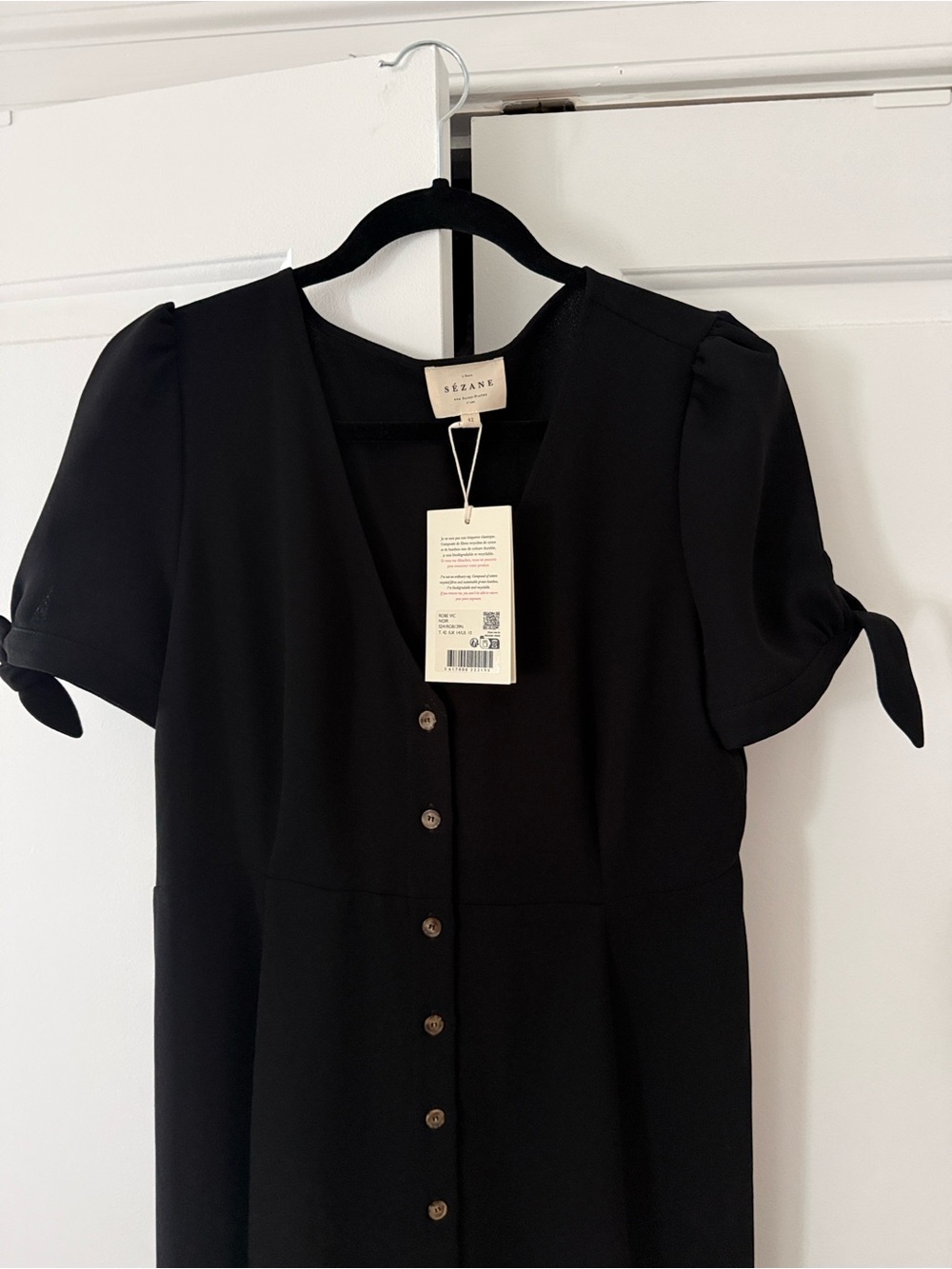 Sezane Black Button-Front Midi Dress with Tie Sleeves - Picture 6 of 6